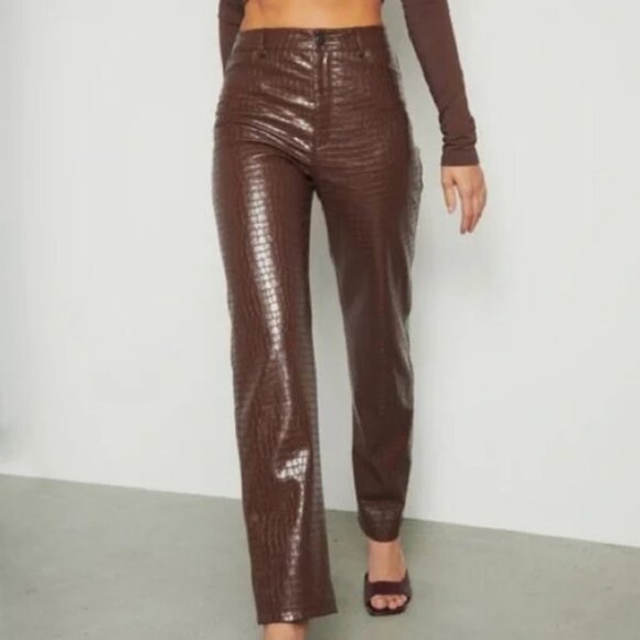 Dynamite Gisele straight leg brown crocodile faux leather pants - Picture 1 of 6
